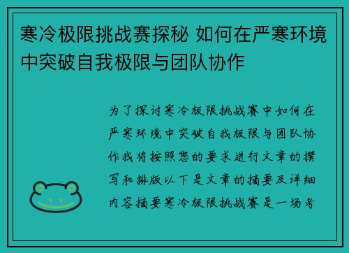 寒冷极限挑战赛探秘 如何在严寒环境中突破自我极限与团队协作