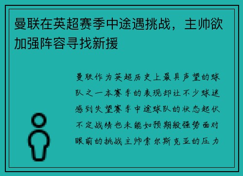 曼联在英超赛季中途遇挑战，主帅欲加强阵容寻找新援