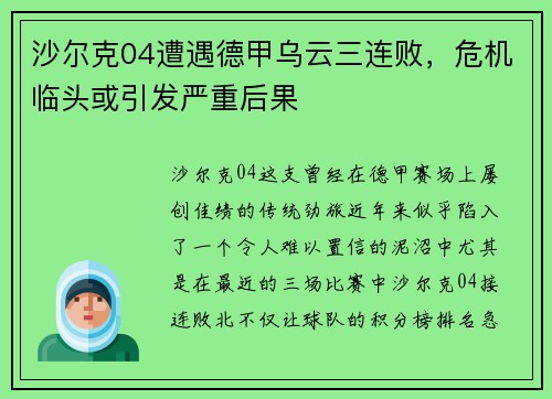 沙尔克04遭遇德甲乌云三连败，危机临头或引发严重后果