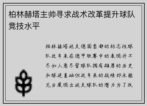 柏林赫塔主帅寻求战术改革提升球队竞技水平