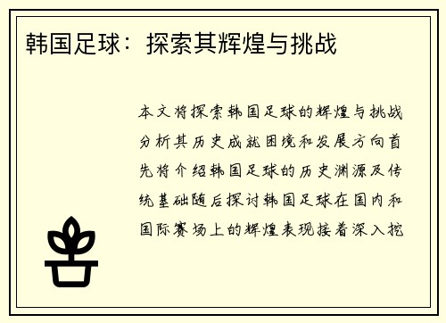 韩国足球：探索其辉煌与挑战